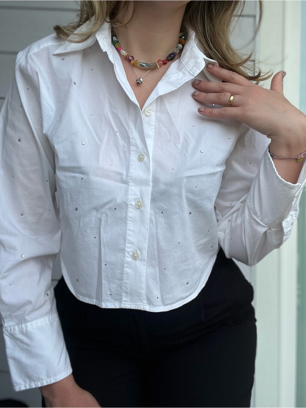 Cropped white Button-Up Shirt with rhinestone Embellishments
